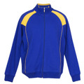 Royal blue track jacket with gold shoulder panels and white contrast piping, full front zip
