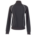 Charcoal men's track jacket rear view showing white contrast piping along raglan seams and ribbed cuffs