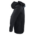 Black water-resistant jacket with detachable hood and light padding, side angle view