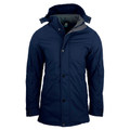 Navy water-resistant parka jacket with removable hood and snap button front closure