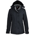 Navy ladies' hooded waterproof jacket with grey lining and snap button closure