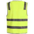 Hi-visibility safety vest in fluorescent yellow with reflective grey tape across chest, waist and shoulders