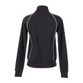 Black women's track jacket rear view, mock neck, white contrast piping on raglan seams and back panels