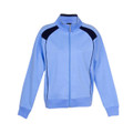 Sky blue track jacket with navy shoulder panels and contrast zip front