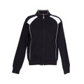 Black track jacket with white contrast panels on shoulders and white piping detail along seams
