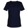 Navy v-neck scrub top with short sleeves and twin front pockets