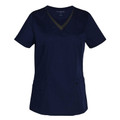 Navy scrub top with charcoal contrast trim V-neck and side pockets