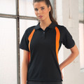 Black ladies polo shirt with vibrant orange side panels and collar detail, CoolDry mesh construction