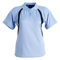Sky blue ladies CoolDry polo shirt with navy contrast side panels and matching collar