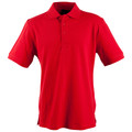 Bright red cotton knit polo shirt with collar and three-button placket, short sleeves