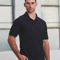 Black short sleeve cotton polo shirt with classic collar and button placket on male model