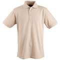 Sand beige cotton knit polo shirt with collar and three-button placket