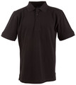 Black short sleeve polo shirt with flat collar and three-button placket in cotton knit fabric