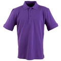 Purple cotton knit polo shirt with three-button placket and collar, short sleeves with cuffed detail