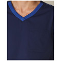Navy scrub top with royal blue contrast trim on v-neck and shoulder panels