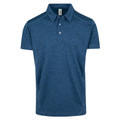 Steel blue marl polo shirt with three-button placket, contrast raglan stitching detail, and smooth flat front panel