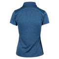 Navy blue heather polo shirt with collar, short sleeves, and contrast stitching detail at shoulders