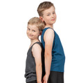 Two boys wearing charcoal and steel blue marled poly singlets, sleeveless with scoop armholes