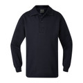 Navy long sleeve fleecy polo sweater with collar and button placket