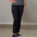Navy cargo pants with royal blue side pocket detail and white logo embroidery on front hip