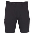 Charcoal cargo shorts with side pockets, flat front panel and button waist closure