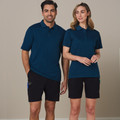 Navy polo shirts paired with black cargo shorts featuring utility pocket details and stretch fabric