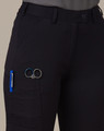 Black cargo shorts with royal blue zipper detail on cargo pocket, belt loops and front slant pockets visible