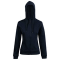 Deep navy fleece hoodie with full-length zip and drawstring hood in women's fit