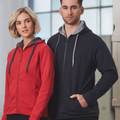 Red zip-up fleece hoodie with contrast charcoal trim and black half-zip fleece hoodie with grey hood lining