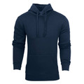 Navy pullover hoodie with kangaroo pocket, matching drawstrings, and ribbed cuffs in fleece fabric