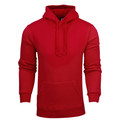 Red men's pullover hoodie with drawstring hood, kangaroo pocket and ribbed cuffs — flat lay packshot