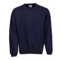 Navy crew neck fleece sweatshirt with ribbed cuffs and hem on plain background