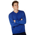 Man wearing royal blue v-neck pullover sweater with ribbed cuffs and hem, arms crossed