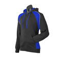 Charcoal grey hoodie with royal blue contrast panels on shoulders and sides, featuring front pocket and matching drawcords