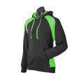 Black hoodie with lime green contrast panels on shoulders and sides, featuring kangaroo pocket and drawstrings