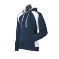 Navy hoodie with white contrast panels on shoulders and hood lining, featuring kangaroo pocket and white drawcords
