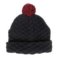 Black basket weave knit beanie with red and black contrast pom pom and folded cuff