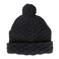 Black knit beanie with textured basketweave pattern, rolled cuff and pom pom detail