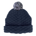 Navy blue acrylic knit beanie with textured basket weave pattern, cuffed brim and navy-white contrast pompom