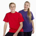 Kids wearing bright red and purple crew neck cotton tees with short sleeves on white background