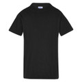 Black kids' cotton t-shirt with crew neck and short sleeves, flat lay front view
