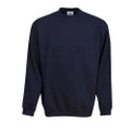 Navy unisex crew neck fleece sweater with ribbed collar, cuffs and hem on white background