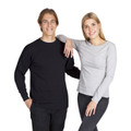 Man in black long sleeve crew neck tee and woman in grey marle long sleeve crew neck tee with fitted silhouette