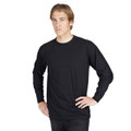 Male model wearing a black long sleeve crew neck tee with clean flat front chest panel