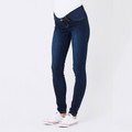Dark indigo maternity jeggings with belly panel, button fly, and slim ankle-grazing fit