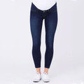 Dark indigo maternity jeggings with ankle length hem and supportive over-belly waistband panel
