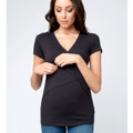 Black V-neck maternity nursing tee with short sleeves and concealed feeding access panel