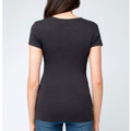 Rear view of woman wearing a charcoal grey fitted short sleeve nursing tee with smooth back panel