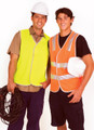 Two male workers wearing fluoro yellow and fluoro orange safety vests with silver 3M reflective panels on site