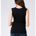Back view of black sleeveless nursing tank top on model, smooth jersey fabric, wide shoulder straps